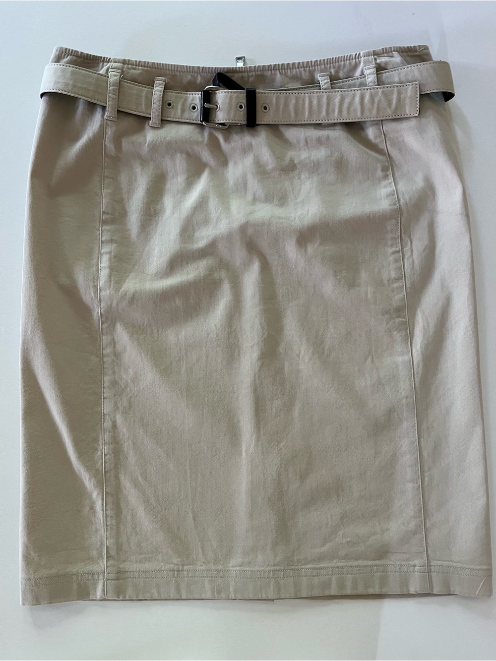 Classic Prada tan cotton twill belted pencil skirt. Slight stretch. Sz 42